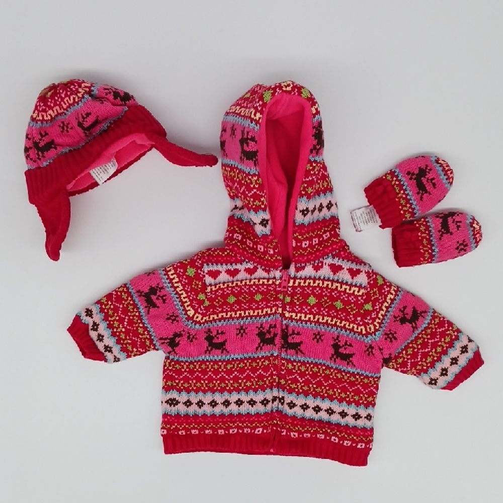 Gymboree Hooded Zipper Alpine Sweater Jacket With Matching Hat and Mitten (0-3M)